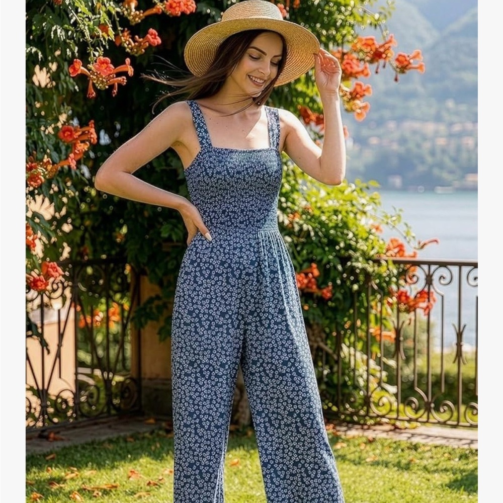 Women's Blue Floral Square-Neck Wide-Leg Jumpsuit